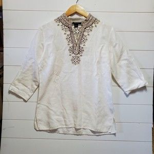 Style & Co womens size 8 cream linen pullover 3/4 sleeve embroidery tunic top